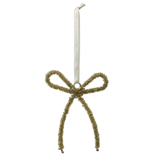 Handmade Glass Beaded Iron Ornament - Gold Bow