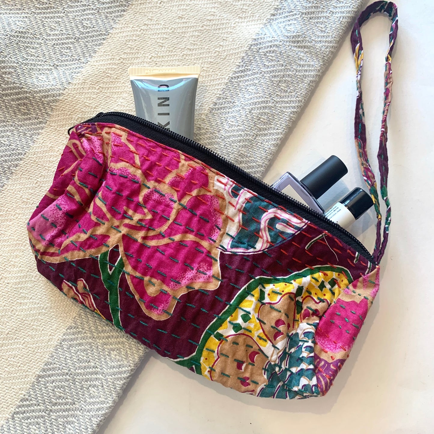 Cotton Cosmetic Pouch/Pencil Case with Kantha Stiching
